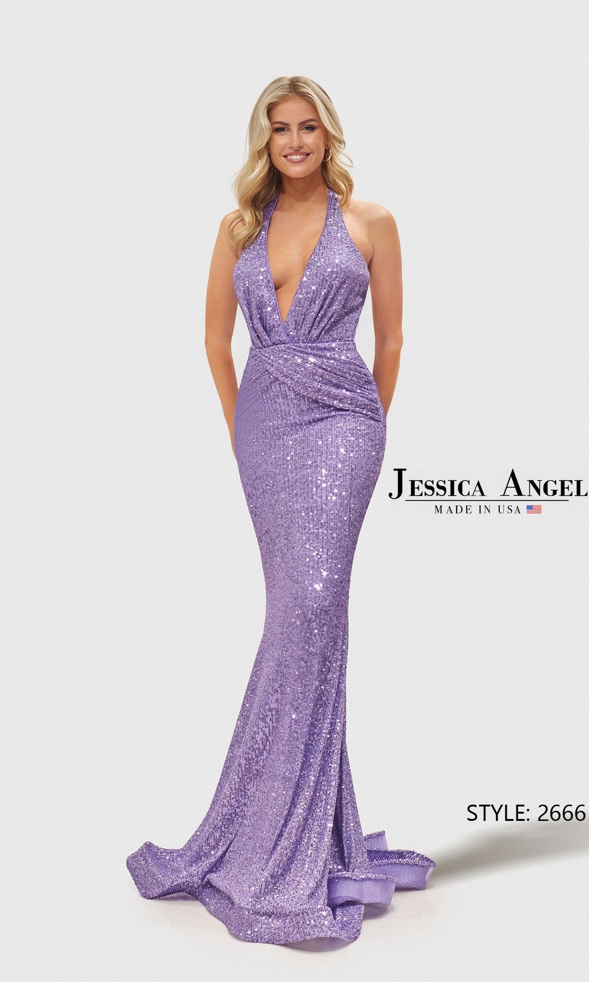 A woman in a sleeveless lavender Long Prom Dress, Jessica Angel 2666, featuring a halter sequin design, deep V neckline, and mermaid hem stands against a white background. The text displays
